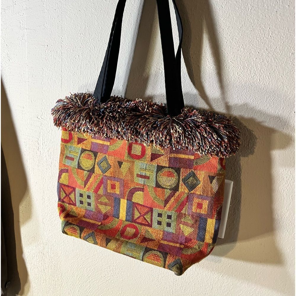 One of a Kind Tapestry Purse With Multi Color Fringe Around Top Print Fabric